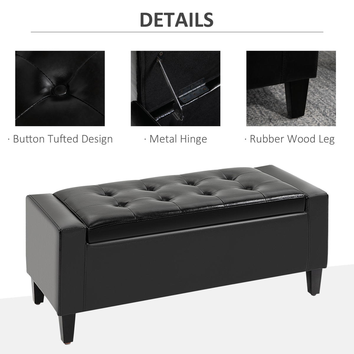 HOMCOM Deluxe Tufted PU Leather Storage Ottoman Bench with Hidden Storage – Footrest and End-of-Bed Seat