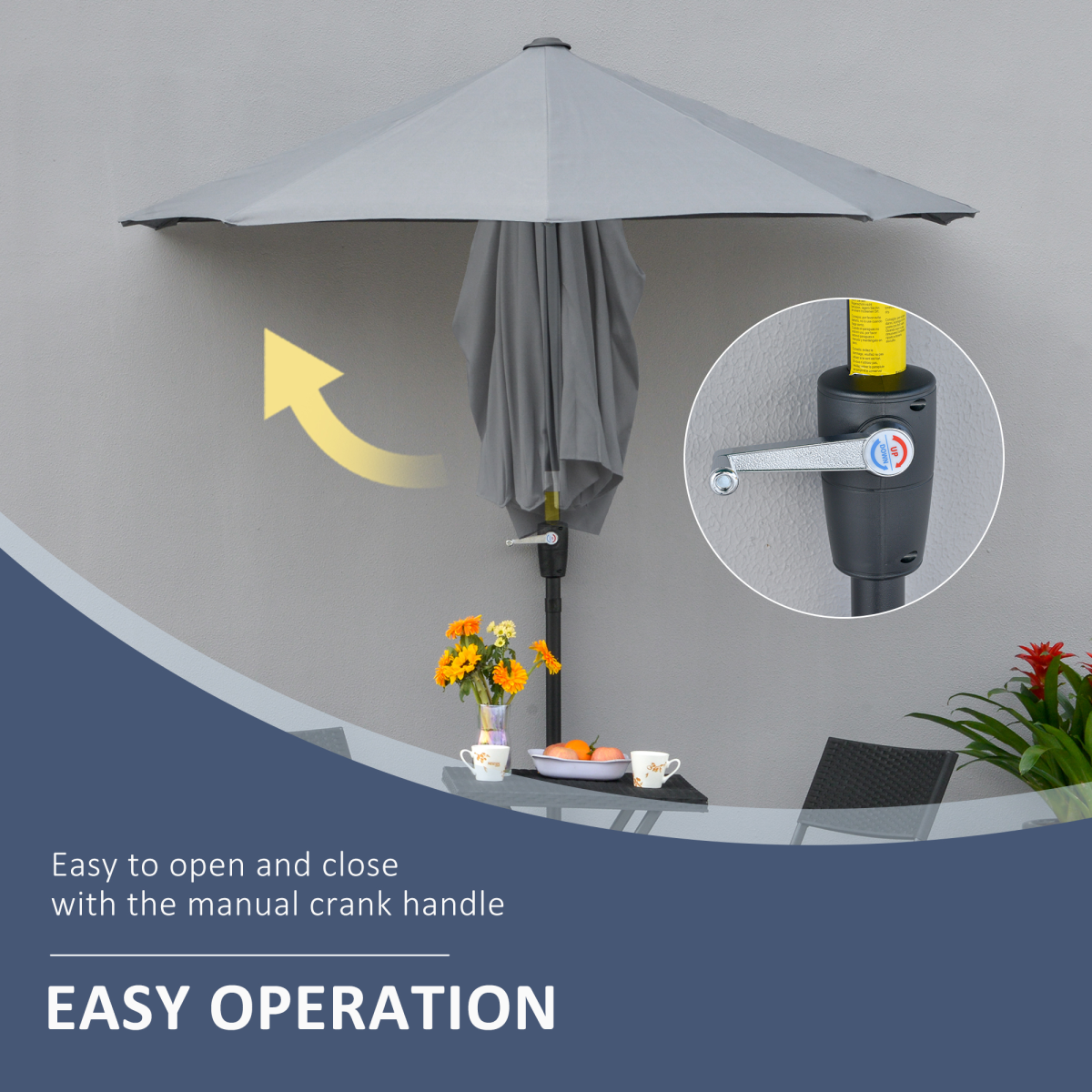 Outsunny 2m Half Garden Parasol with Crank Handle & Base – Double-Sided Canopy for Small Spaces, Dark Grey