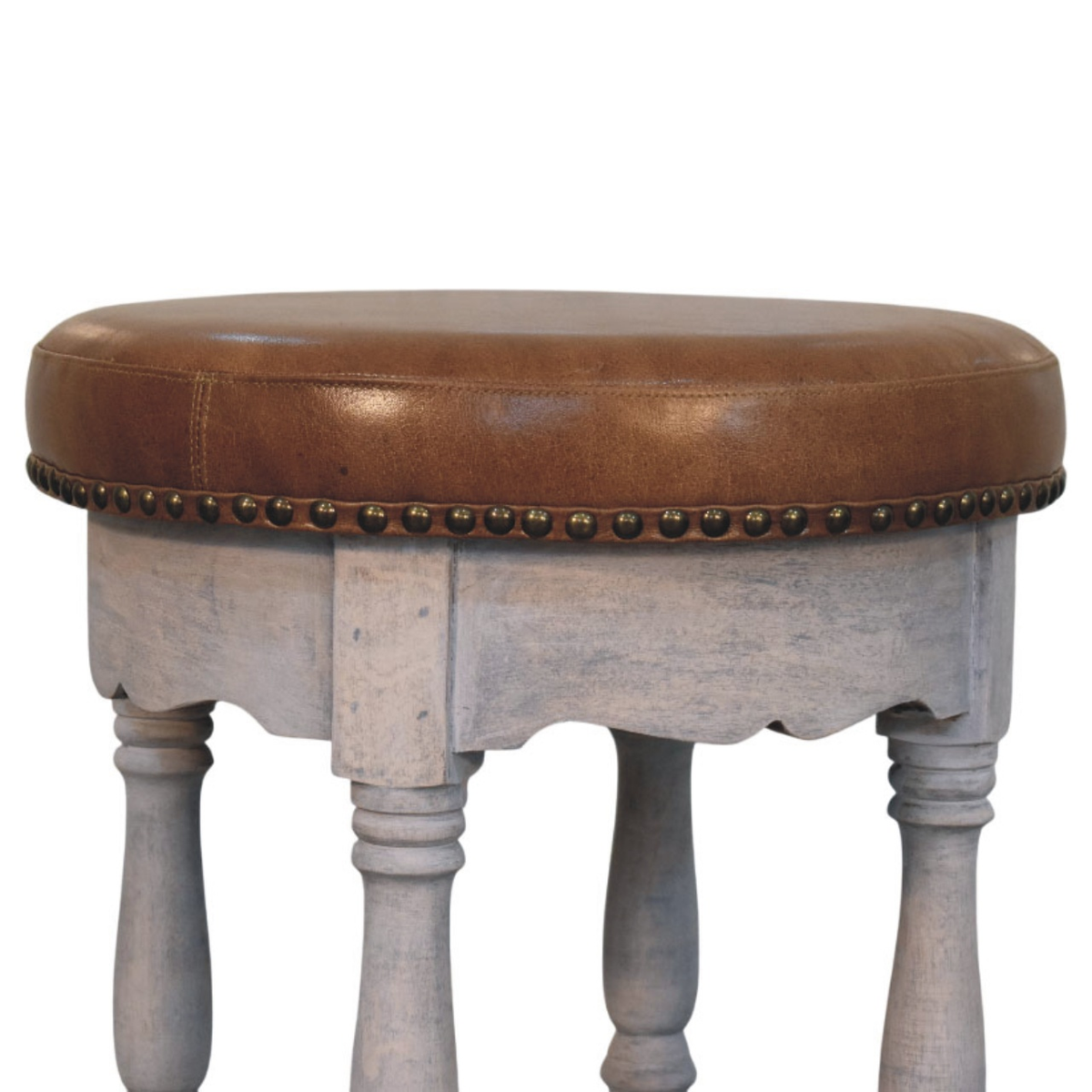 Artisan Furniture Solid Wood Rustic Charm Stool with Upholstered Leather Seat – Vanity Stool, Brown