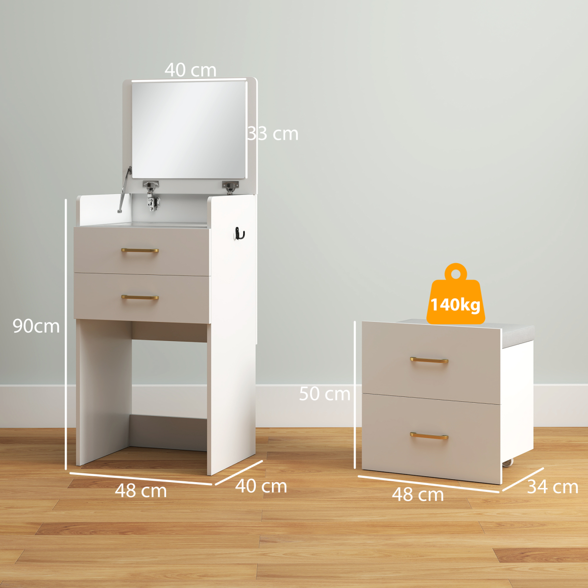 HOMCOM 3 in 1 Dressing Table with Flip-Up Mirror, Cushioned Stool and Drawers – Vanity Desk, White