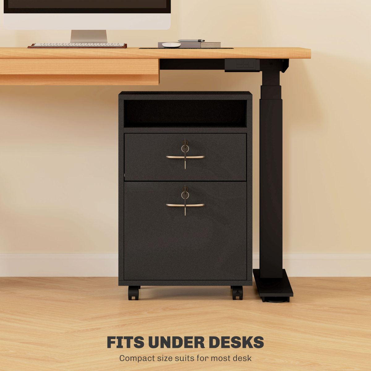HOMCOM 60cm Mobile Storage Cabinet with Drawer, Cupboard and Open Shelf – Lockable Wheels, Black