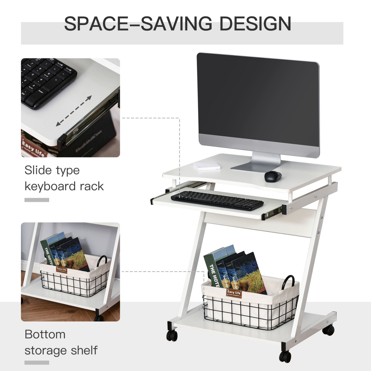 HOMCOM Computer Desk with 4 Lockable Wheels and Sliding Keyboard Tray – Mobile Home Office Workstation, White