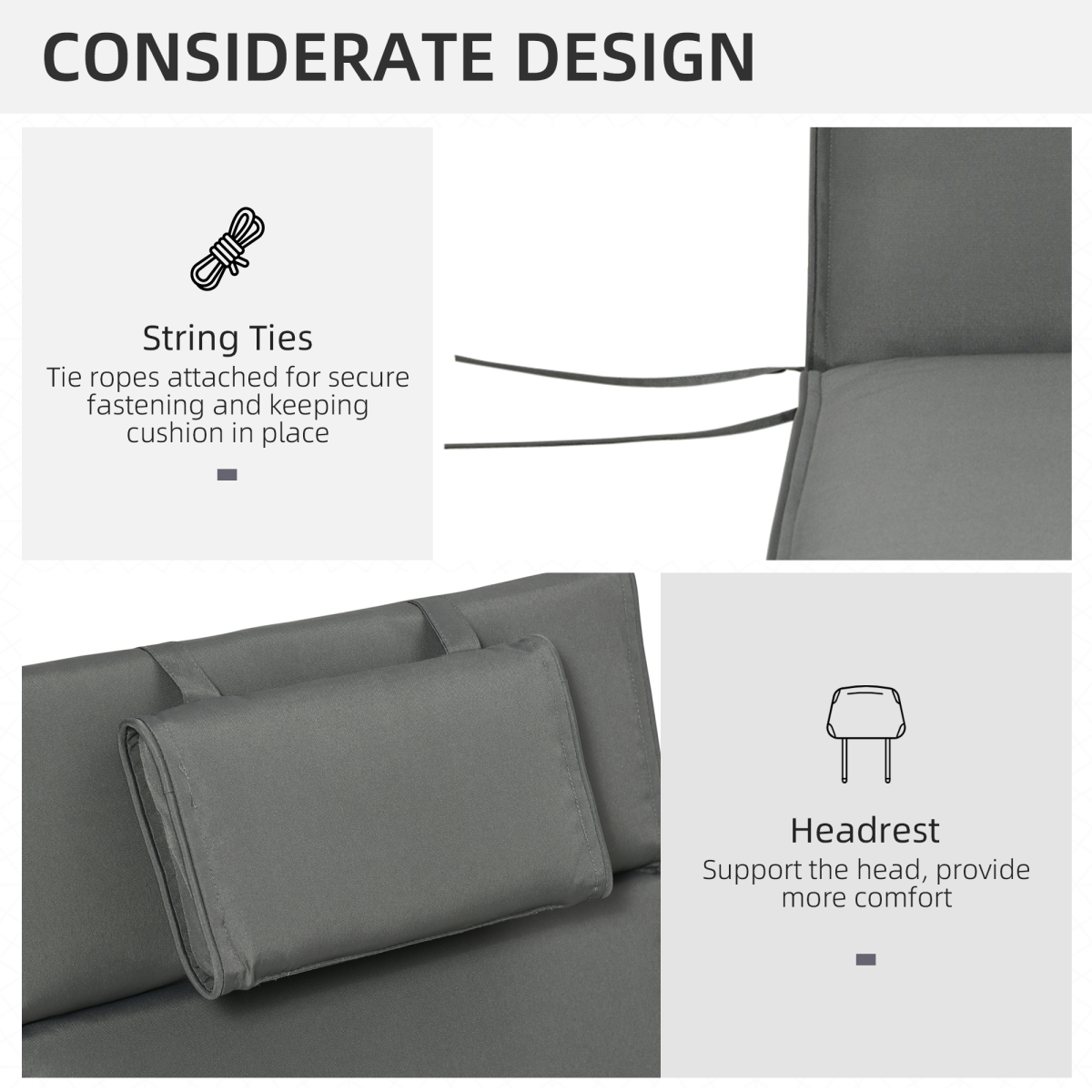 Outsunny Sun Lounger Cushion with Head Pillow & Side Ties – Indoor Outdoor Reclining Chair Pad, Grey