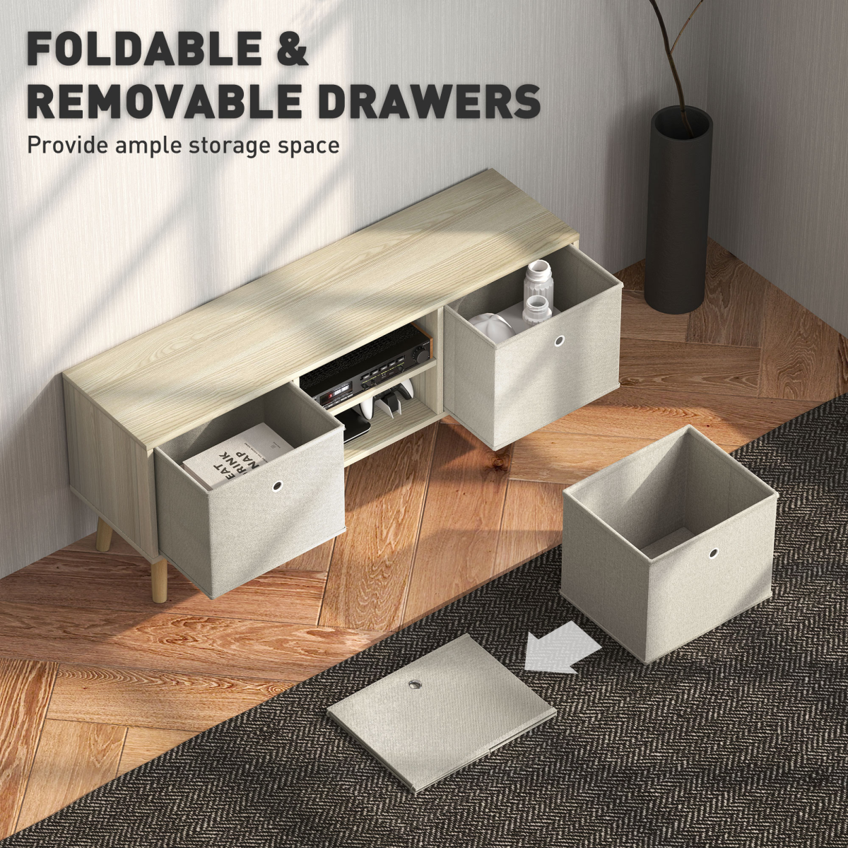 HOMCOM Modern TV Cabinet Stand with Two Removable Fabric Drawers and Shelves – Bedroom Media Unit, Natural