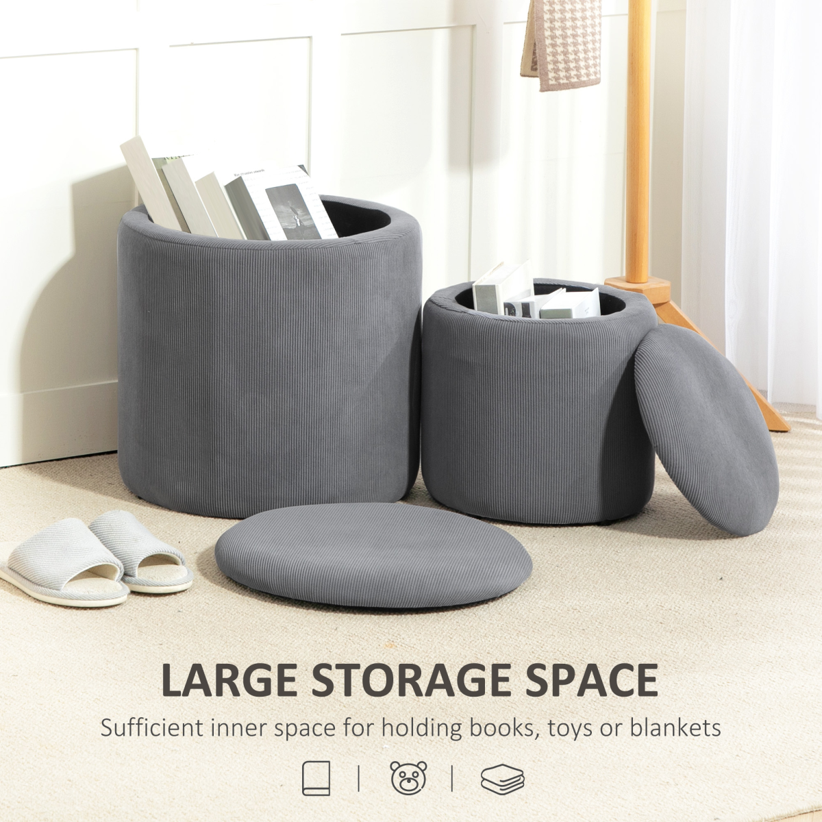 HOMCOM Fabric Storage Ottoman Set of 2 with Removable Lids – Nesting Footstools, Corduroy, Light Grey