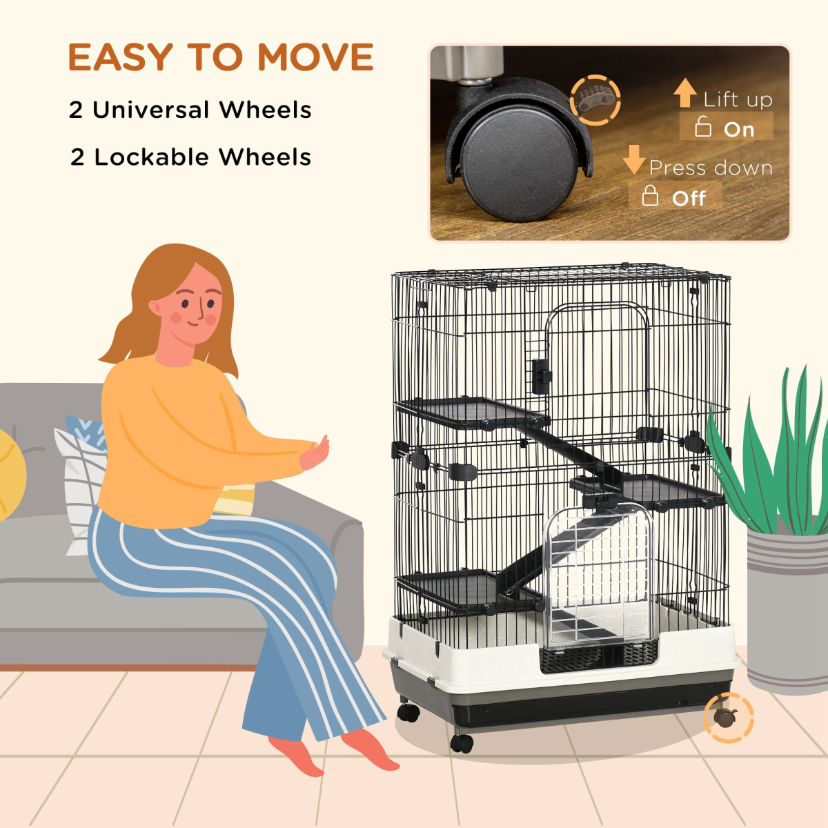 PawHut Three-Tier Small Animal Cage with Ramps & Wheels – Pet Play House for Rabbits, Ferrets & Chinchillas