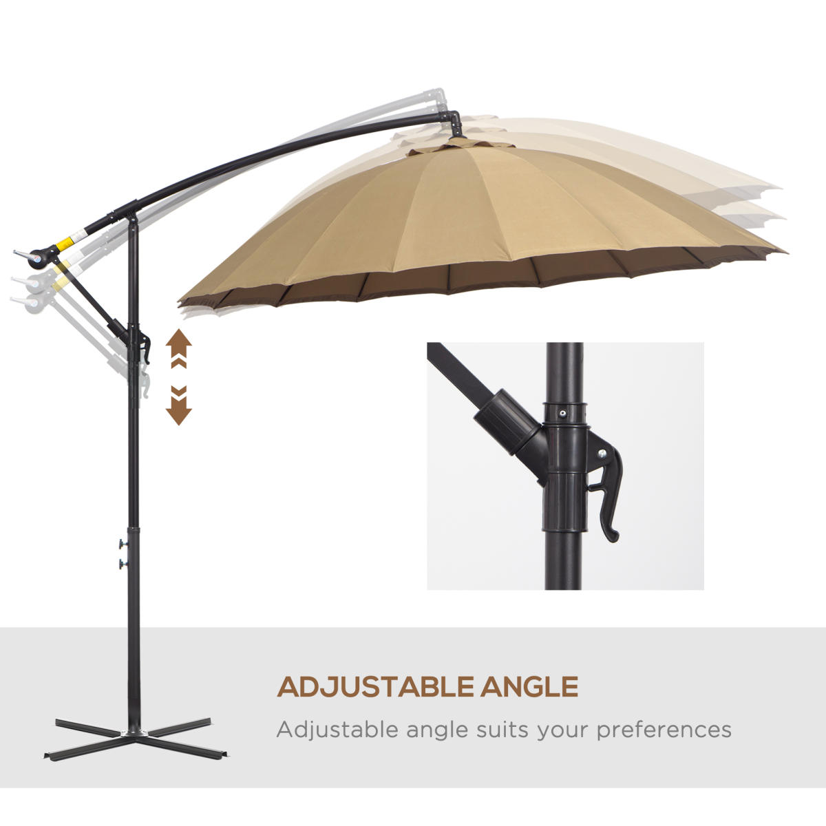 Outsunny 3m Cantilever Patio Parasol with Crank Handle, 18 Fibreglass Ribs & Cross Base – Offset Garden Shade, Khaki