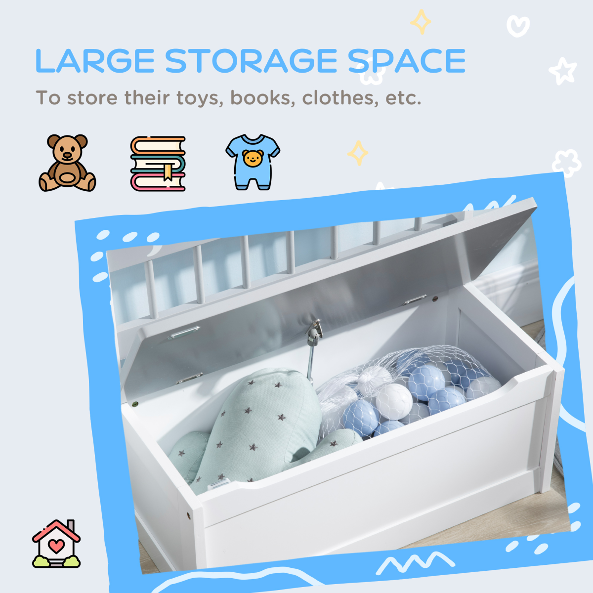 Kids Storage Bench with 27.3L Compartment & Lid Safety Bar – Pinewood Seat with Moon and Stars Pattern