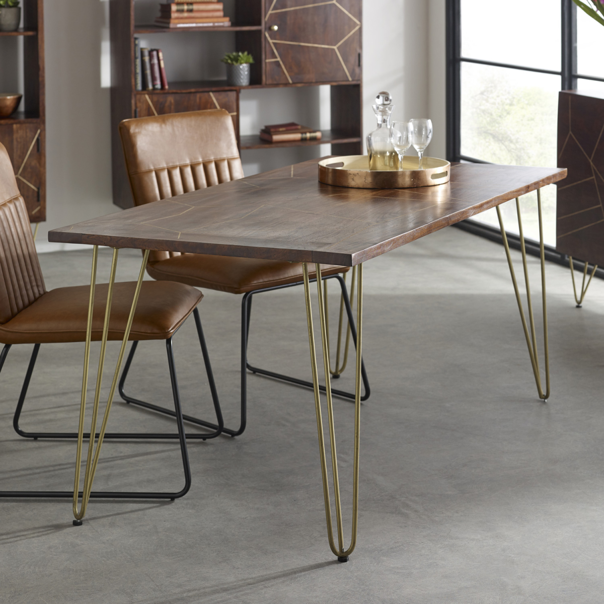Solid Wood Dining Table with Dark Gold Metal Inlay – Modern Dining Room Centrepiece