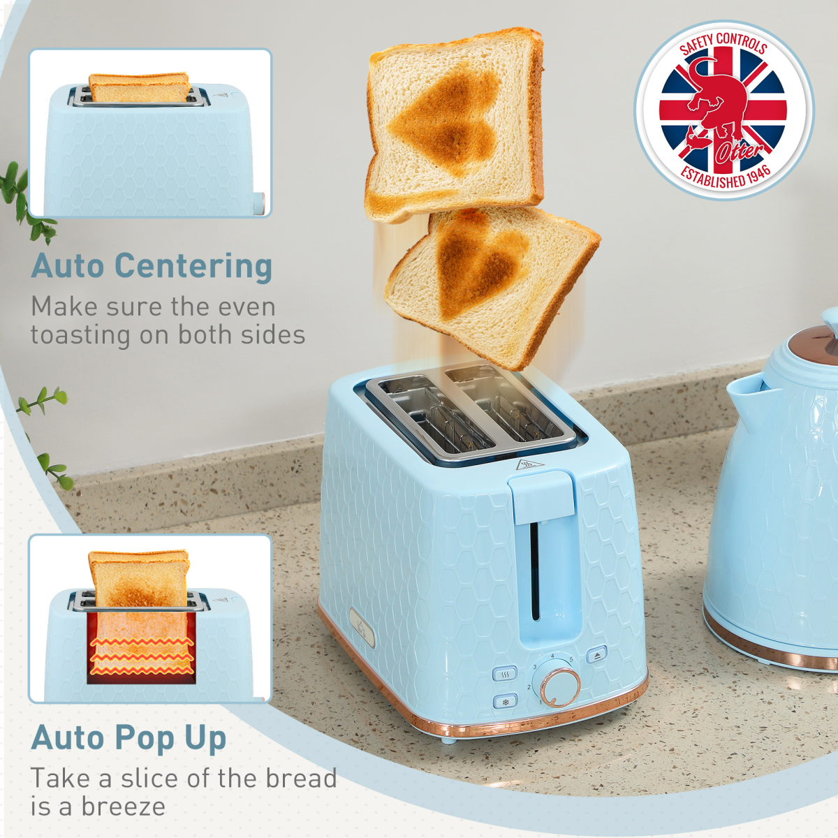 Kettle and Toaster Set with 1.7L Fast Boil Kettle, 2-Slice Toaster & 7 Browning Levels – Light Blue