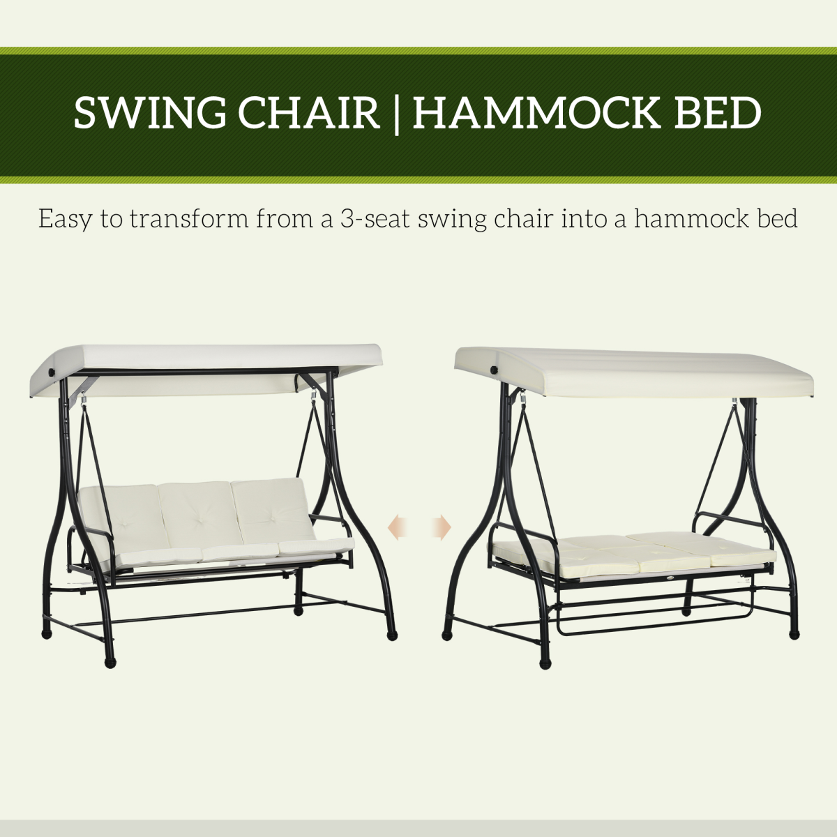 Outsunny 3-Seater Canopy Swing Chair with Padded Cushions – Garden Hammock Bench, Adjustable Canopy, Cream White