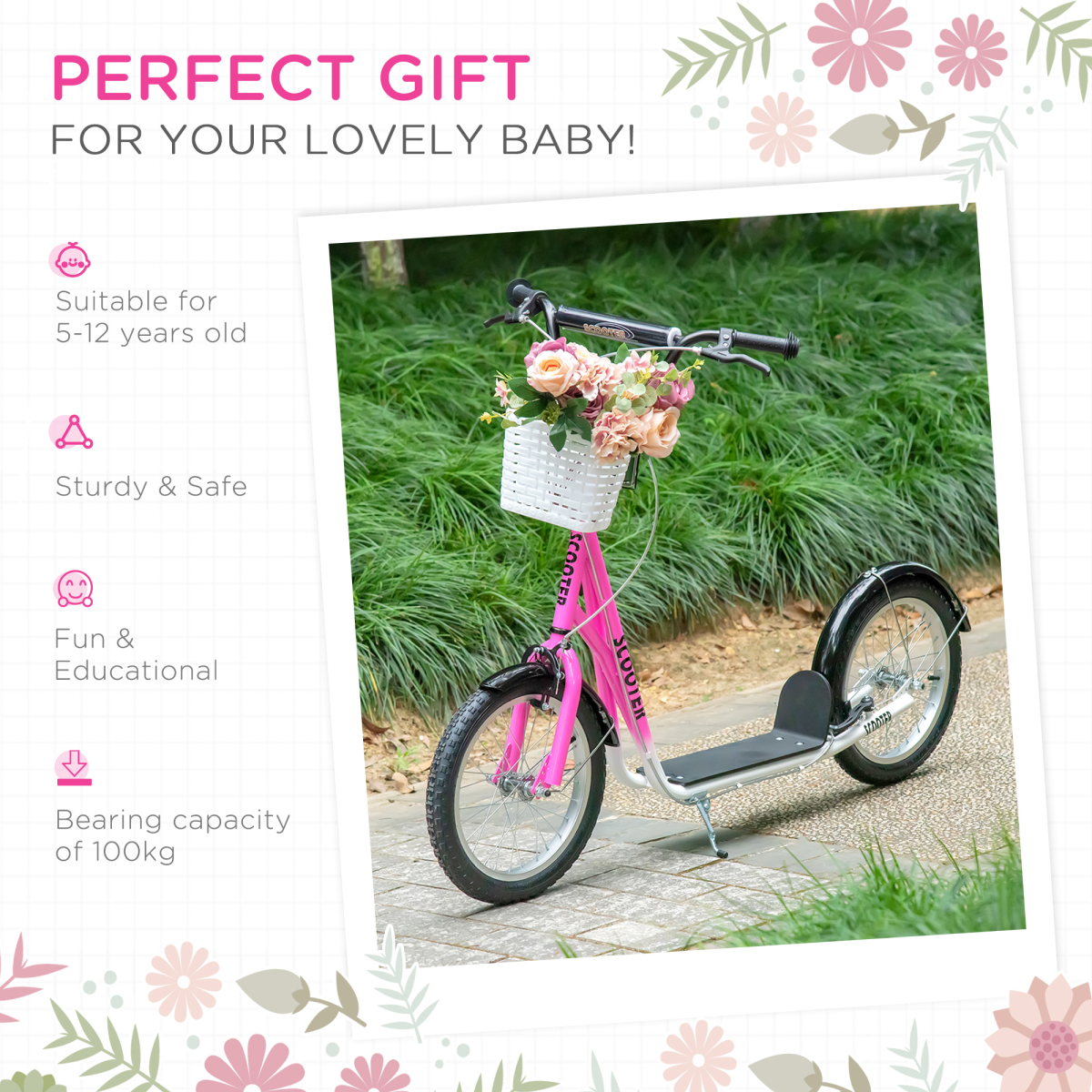 HOMCOM Kids Kick Scooter with Adjustable Handlebar, Dual Brakes & Basket – Big Wheel Scooter for Ages 5-12