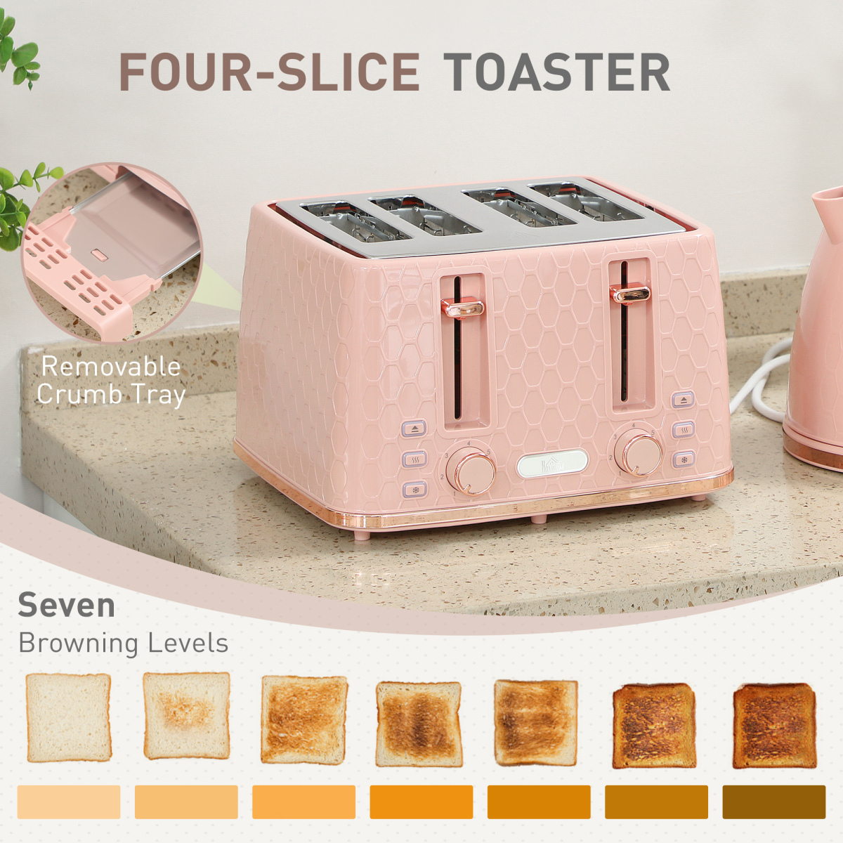 Kettle and 4-Slice Toaster Set with 1.7L Fast Boil Kettle & 7 Browning Levels – Pebbled Design, Light Pink