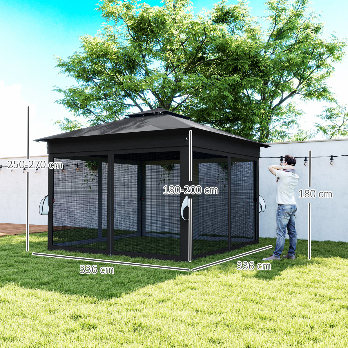 Outsunny 3x3m Pop-Up Gazebo with Solar LED Lights, Remote Control & Netting – Garden Party Shelter, Black