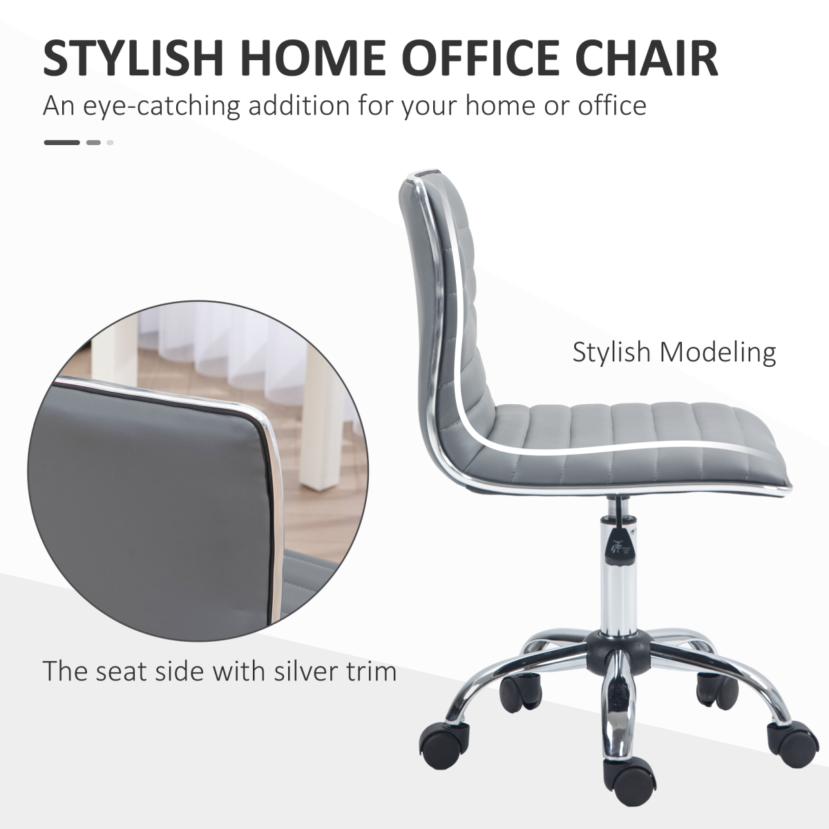HOMCOM Armless Mid-Back Office Chair with 360° Swivel & Height Adjustment – PU Leather Desk Chair, Light Grey