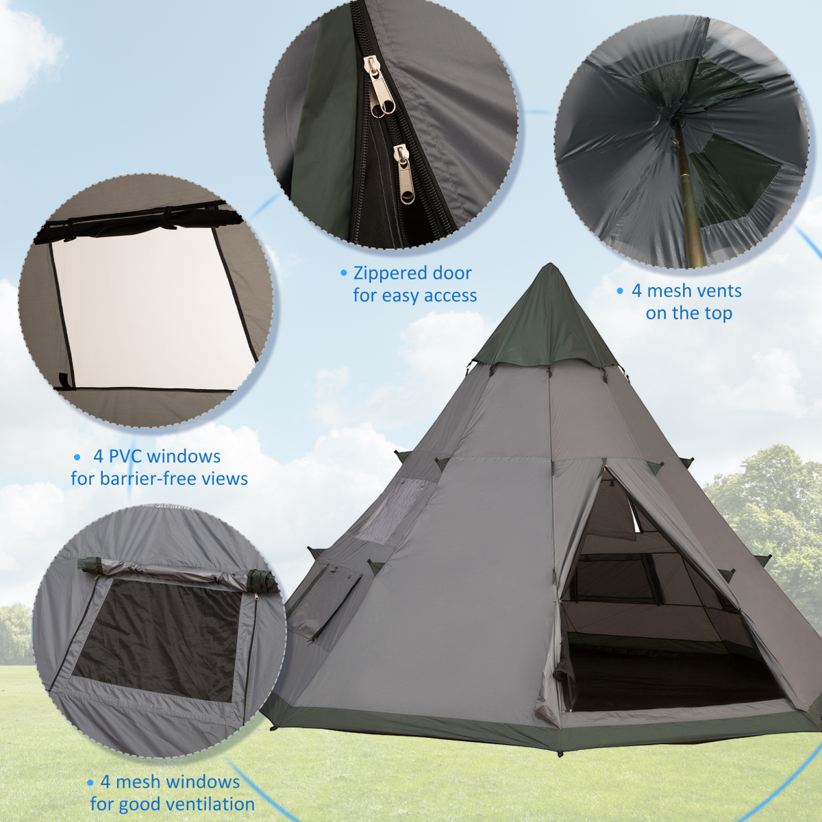 Outsunny 6–7 Person Tipi Camping Tent with Mesh Windows & Carry Bag – Large Family Party Tent