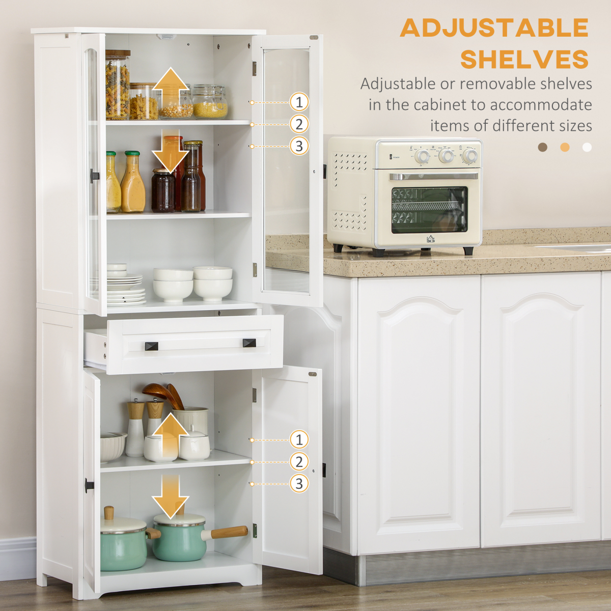HOMCOM 160cm Kitchen Cupboard Storage Cabinet with Glass Door, Drawer & Adjustable Shelves – Pantry Unit