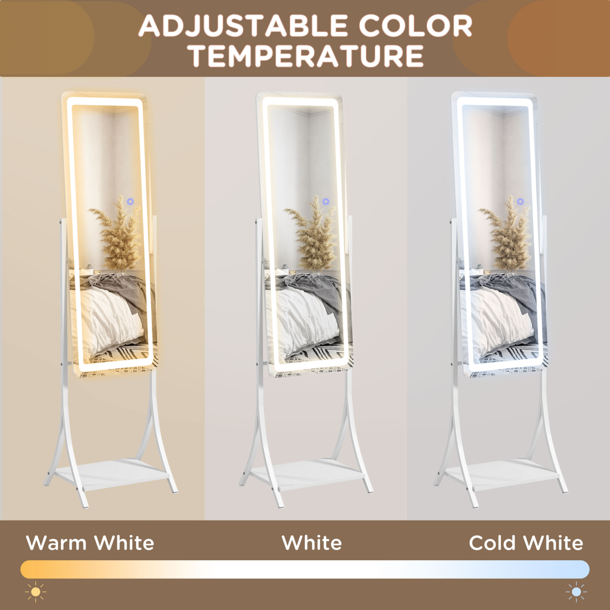 HOMCOM LED Full Length Floor Mirror with Storage Shelf, 3 Light Colours & Adjustable Tilt – Dressing Mirror