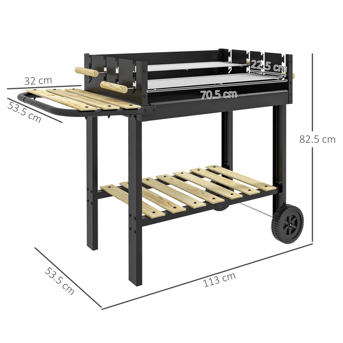 Outsunny Charcoal BBQ Grill with Two Grilling Areas, Side Table and Wheels – Garden Barbecue, Black