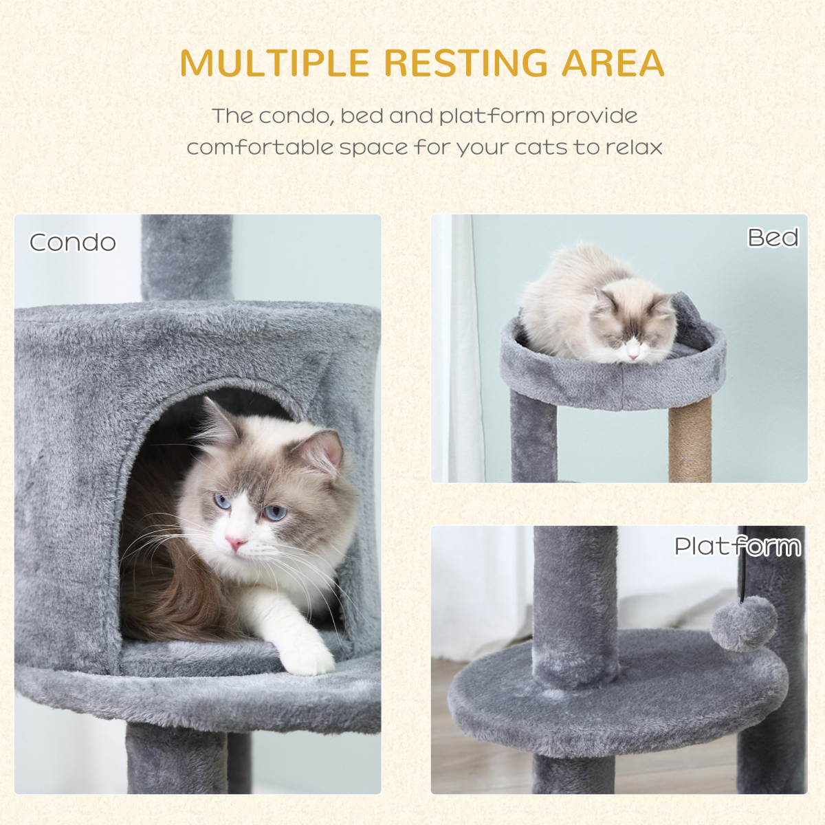 PawHut 104cm Deluxe Cat Activity Tree with Sisal Scratching Posts, Ear Perch, House & Hanging Ball – Grey