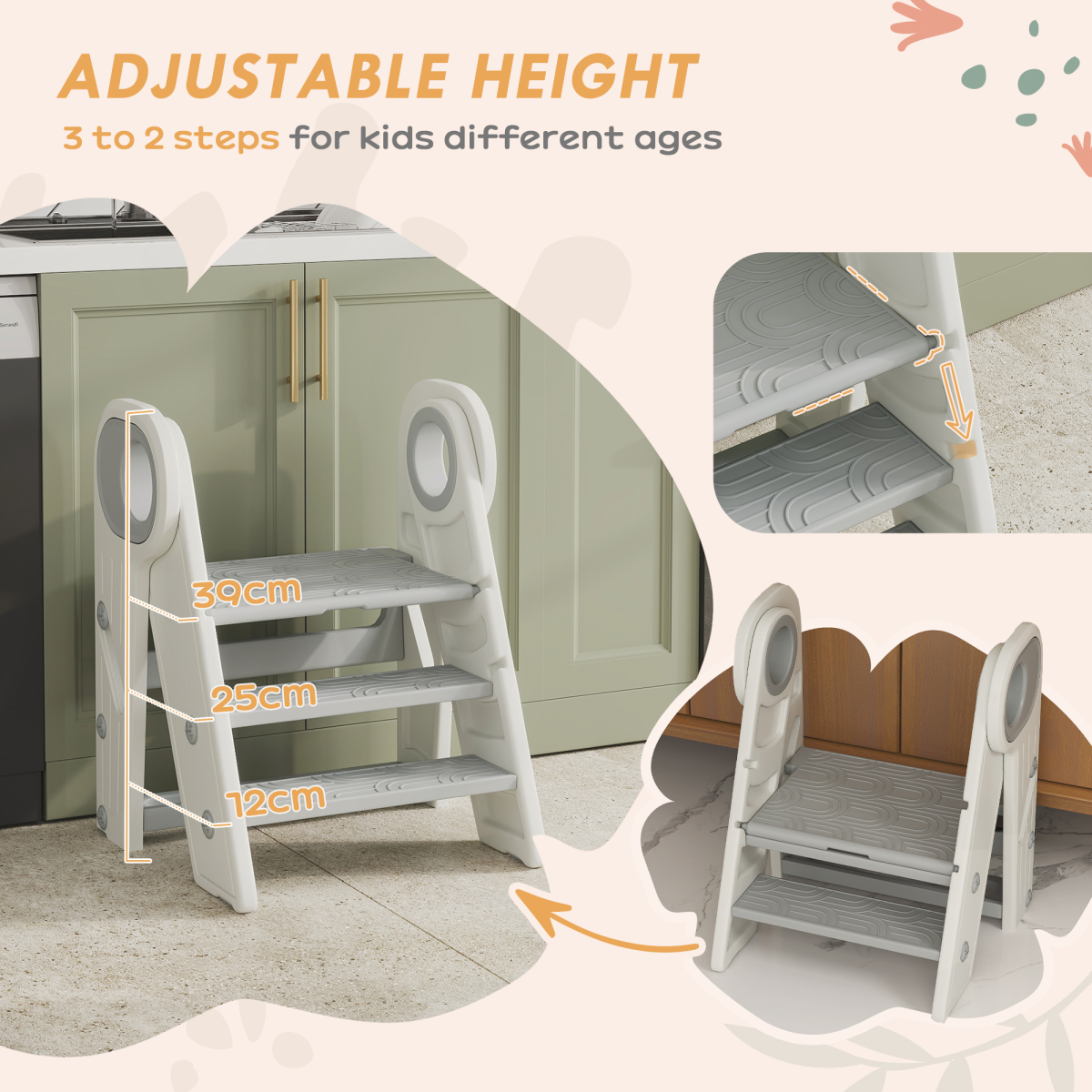 AIYAPLAY Foldable Toddler Tower with Adjustable Height, Handle and Non-Slip Steps – Kitchen Helper Stool, Grey