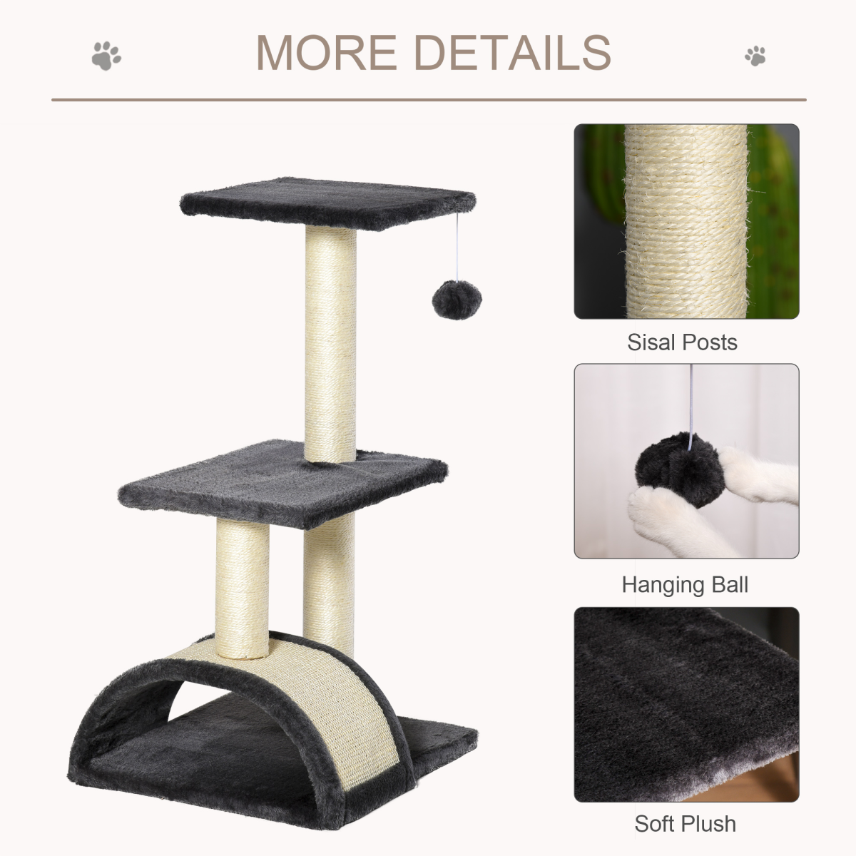 Pawhut Three-Tier Cat Tree with Sisal Scratching Posts and Hanging Ball – Plush Indoor Activity Centre, Grey