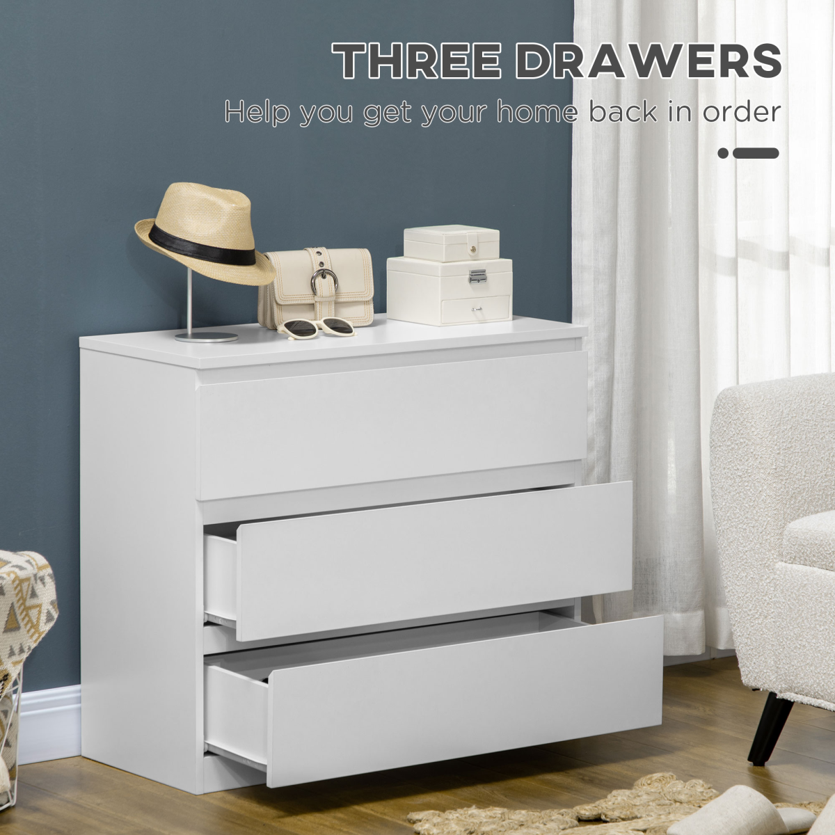 3-Drawer Chest of Drawers – Smooth-Running Bedroom Storage with Anti-Tip Fitting, White