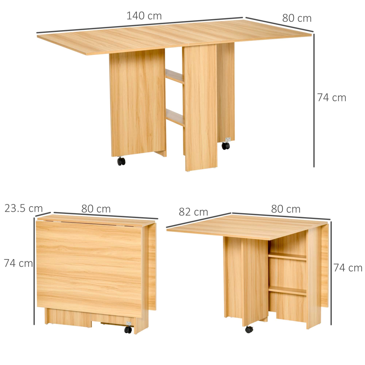 HOMCOM Folding Drop-Leaf Dining Table with 2 Storage Shelves & Lockable Wheels – Space-Saving, Teak