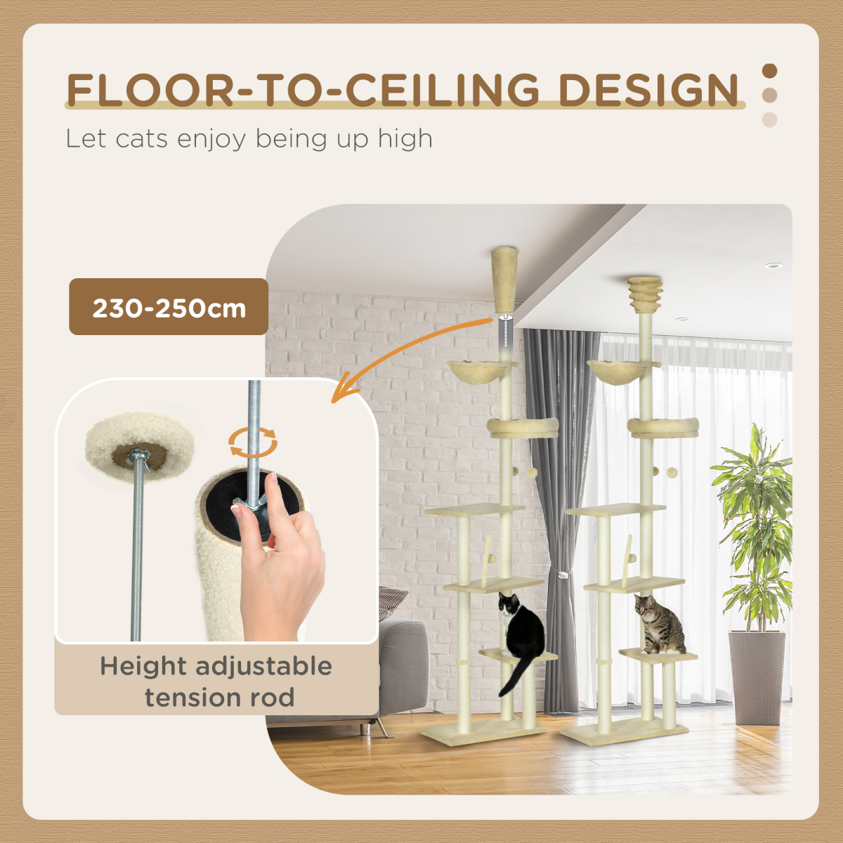 PawHut 6-Tier Floor-to-Ceiling Cat Tree with Scratching Post, Bed & Hammock – Adjustable Cat Tower, Beige