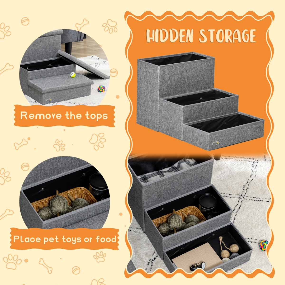 PawHut 3-Step Pet Stairs with Storage Boxes – Dog & Cat Steps for Bed and Sofa, Light Grey