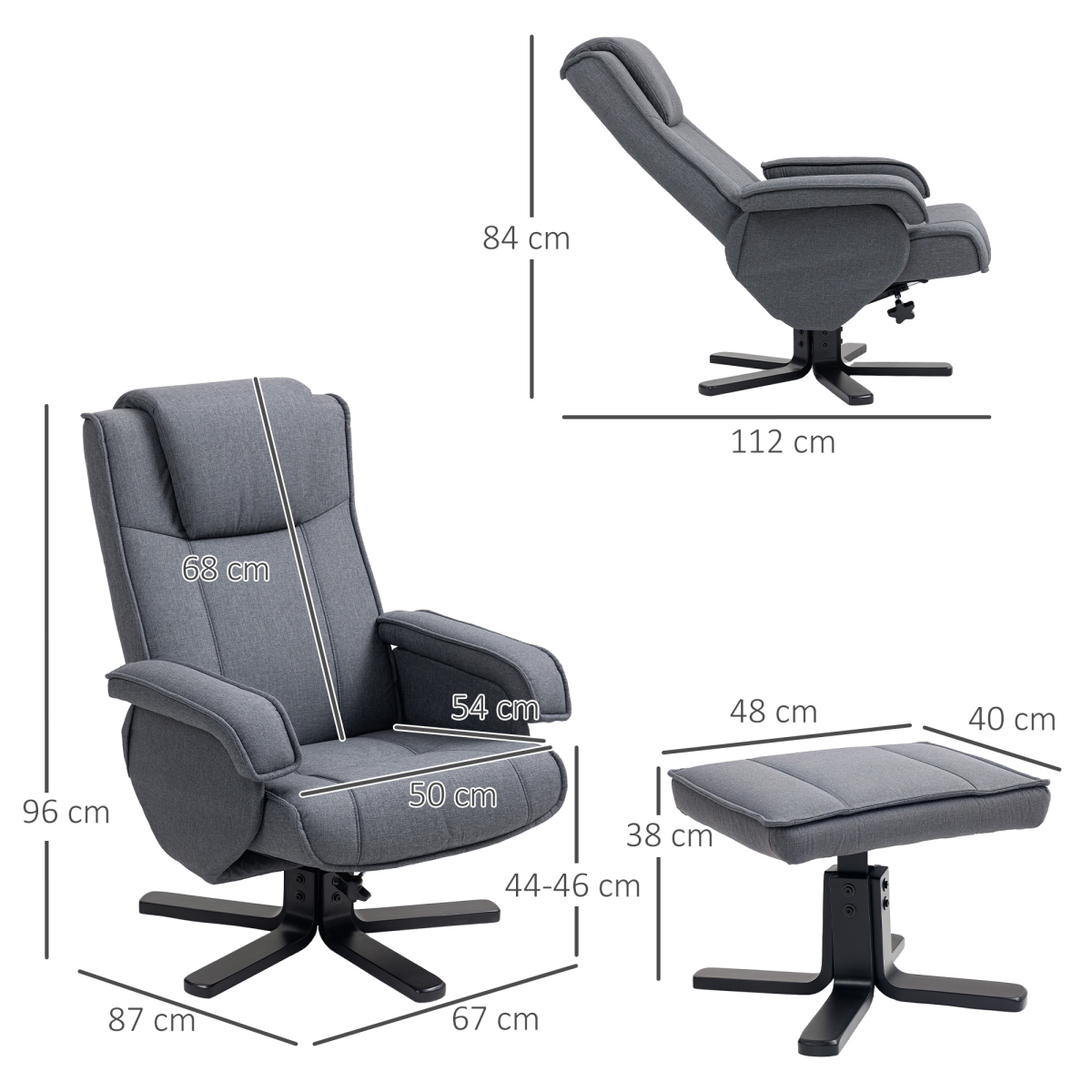 HOMCOM Rocker Swivel Recliner Chair with Footstool, 135° Stepless Recline – Linen-Feel Armchair, Charcoal Grey