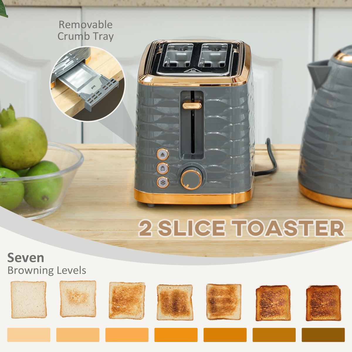 Pebbled 1.7L Fast Boil Kettle & 2-Slice Toaster Set – Matching Breakfast Duo with Textured Finish