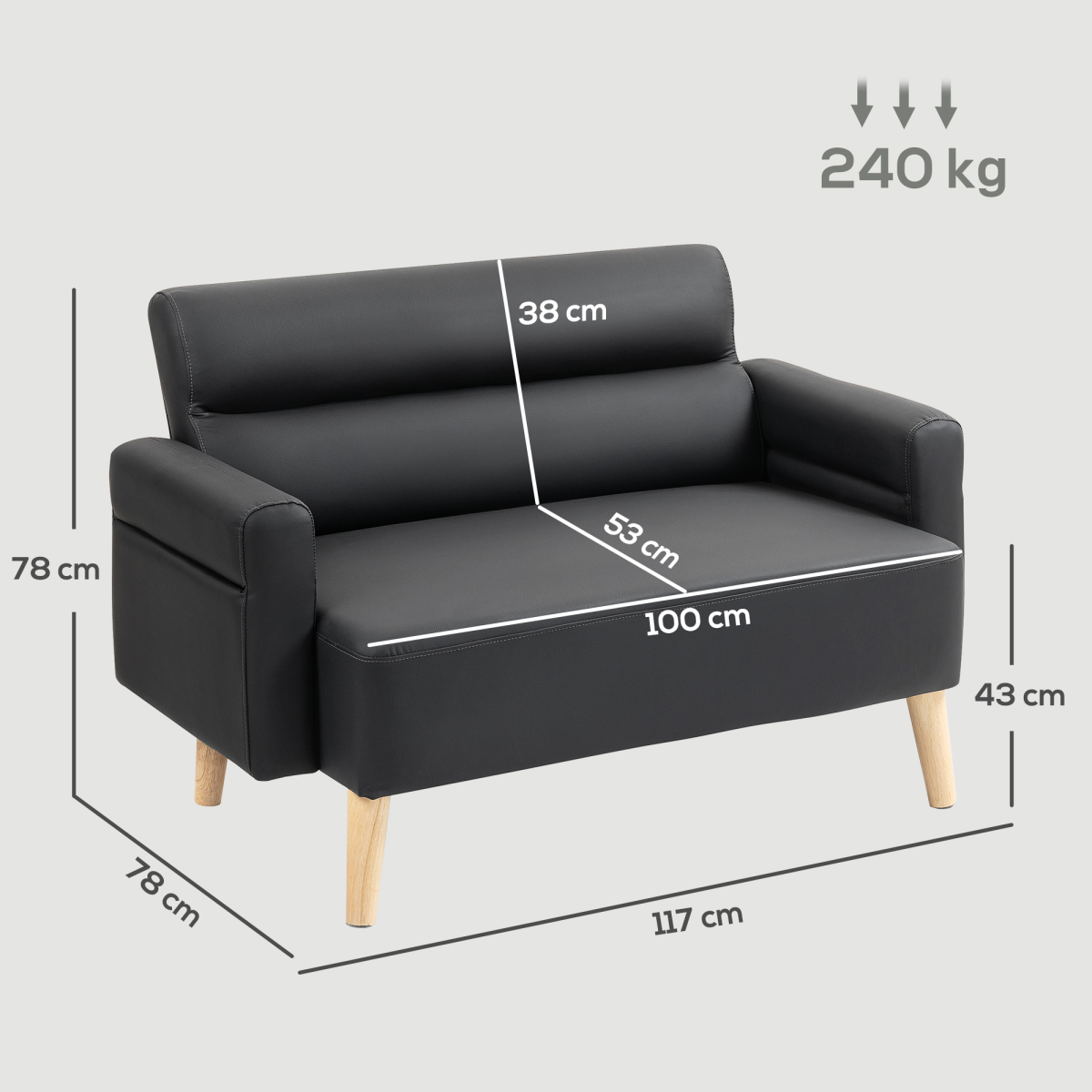 HOMCOM 2-Seater Faux Leather Sofa with Solid Wooden Legs – Compact Settee for Small Spaces and Offices