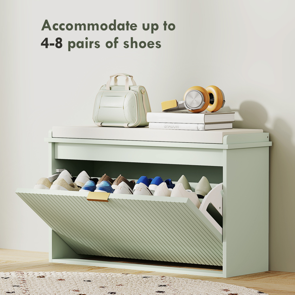 Shoe Storage Bench with Cushioned Seat & Drawer for 8 Pairs – 80cm Hallway Shoe Cabinet, Green and Beige