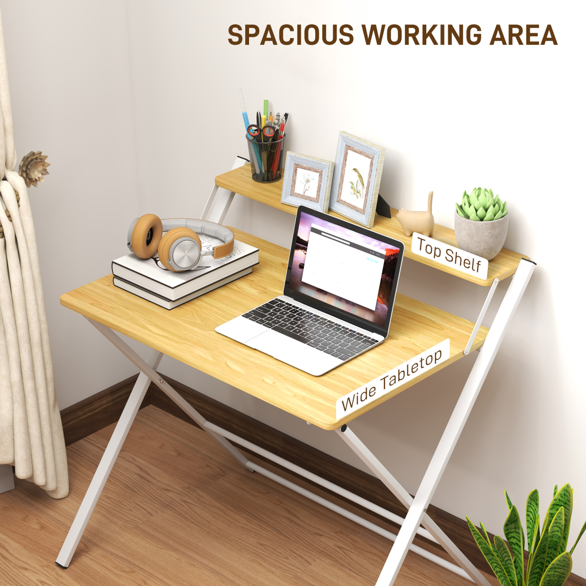 HOMCOM Folding Desk with 2-Tier Shelf – Space-Saving Home Office Computer Table, Maple Wood-Effect