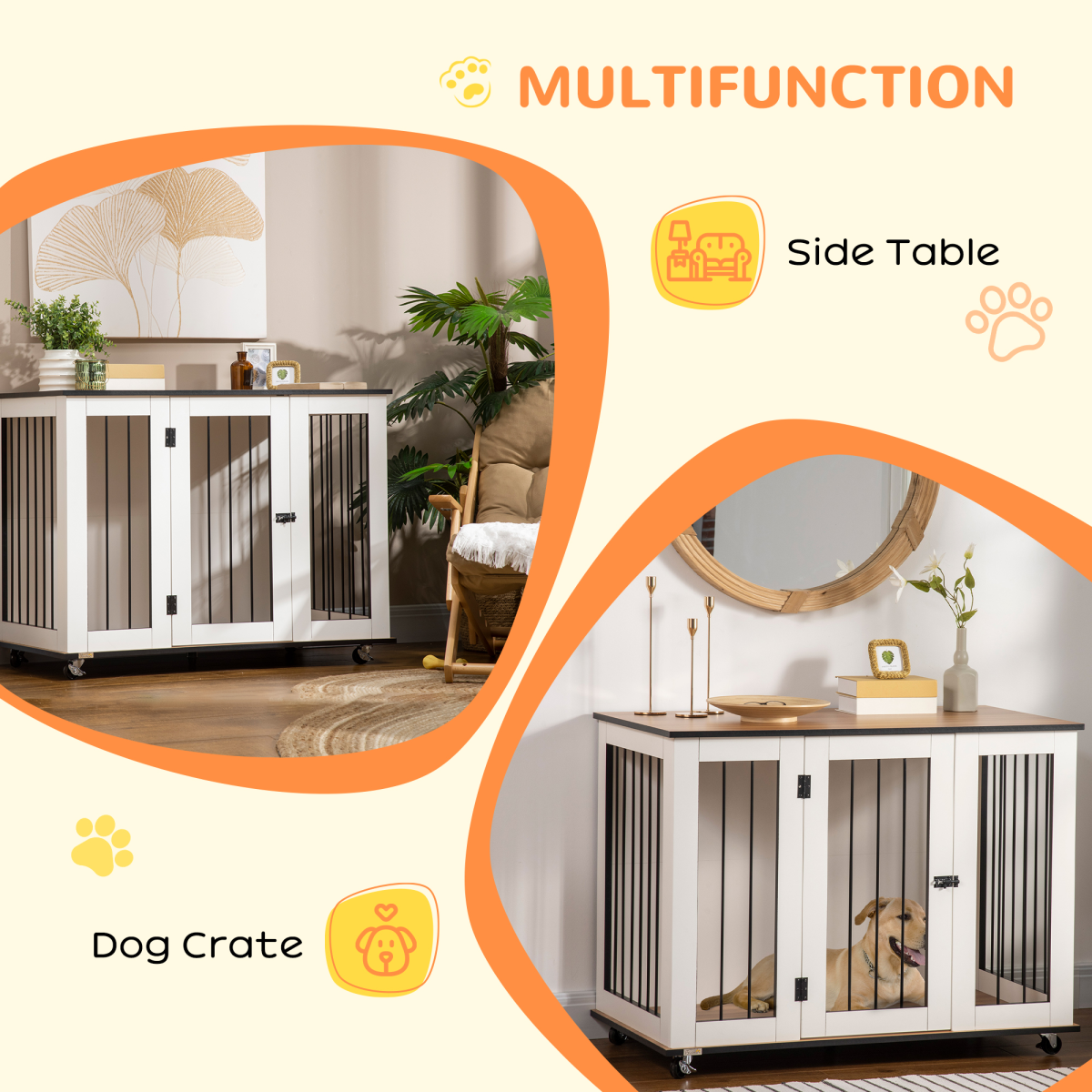 PawHut Dog Crate Furniture End Table with Lockable Door and Roller Castors – For Large Dogs, White