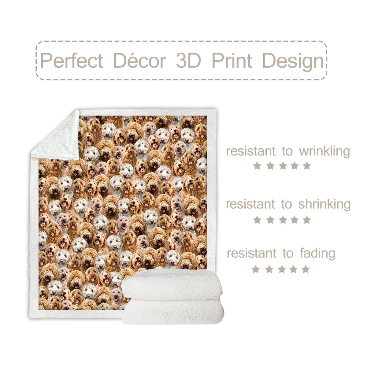 Cockapoo Dog Print Reversible Sherpa Fleece Throw Blanket, 130 x 150cm – Soft Throw for Sofa, Bed or Nursery