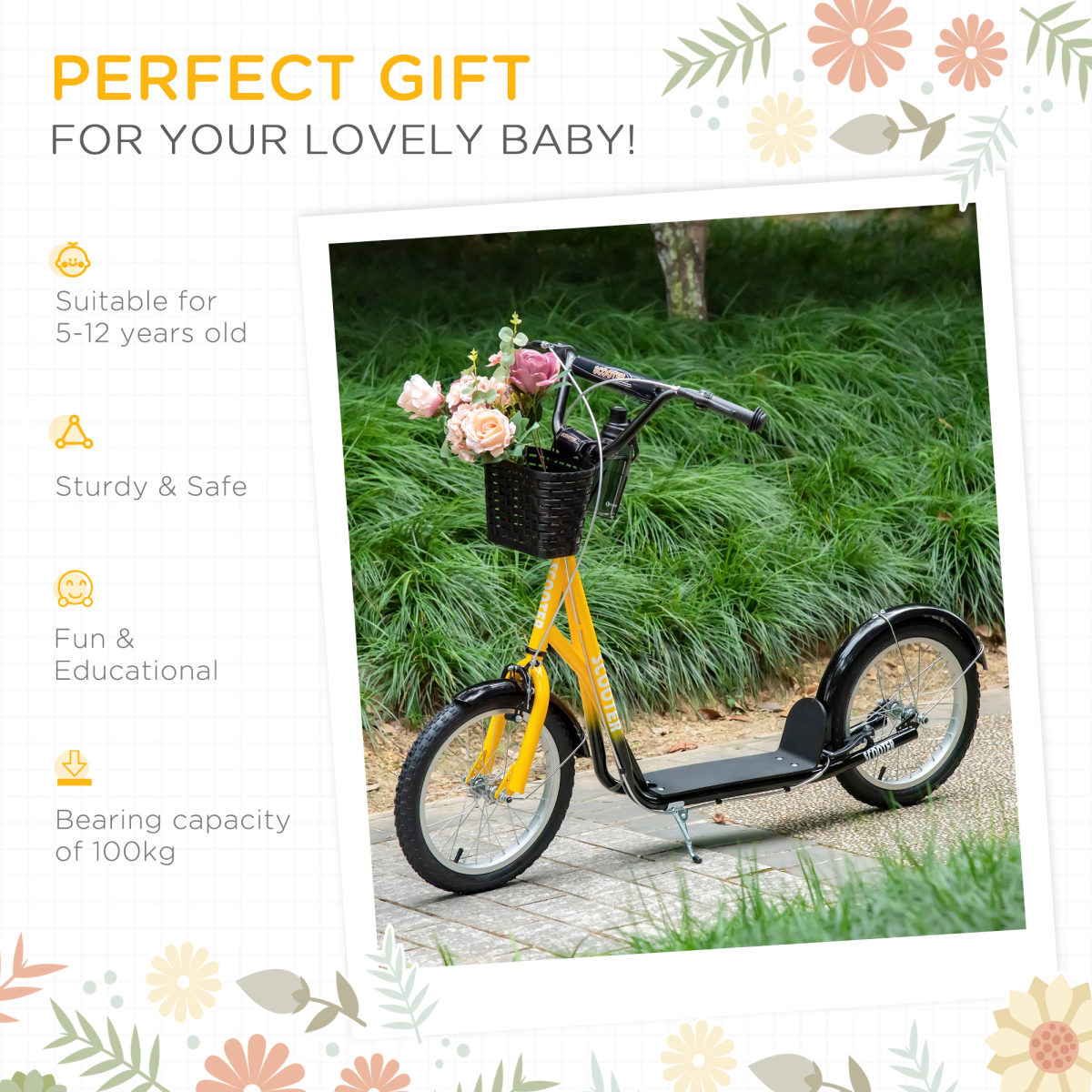 HOMCOM Kids Kick Scooter with Dual Brakes, Basket & Cup Holder – Adjustable Big Wheel Scooter for 5-12 Years