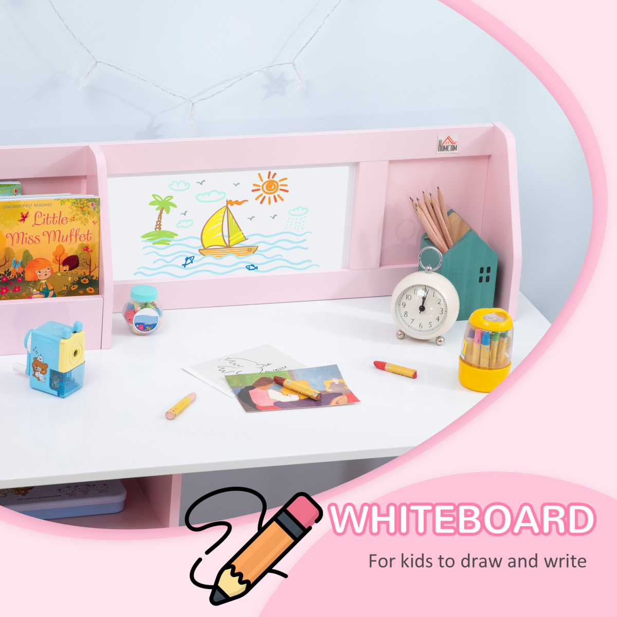 HOMCOM 2-Piece Kids Table and Chair Set with Whiteboard Desktop and Storage – Pink