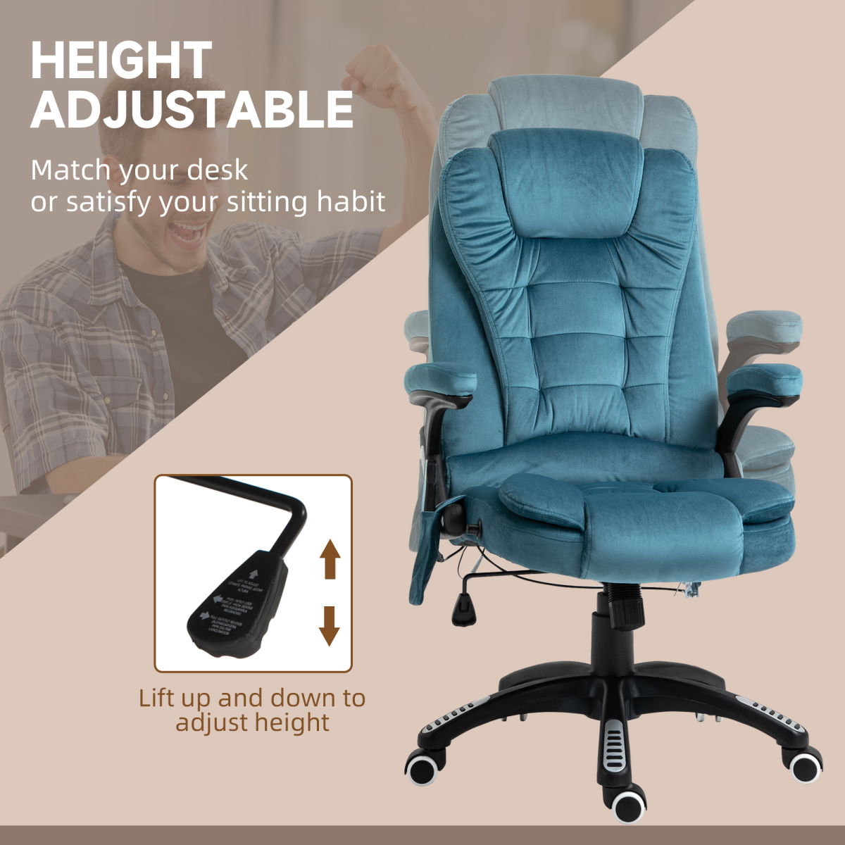 Executive Reclining Office Chair with Heated Massage & Padded Headrest – Swivel Base, Blue