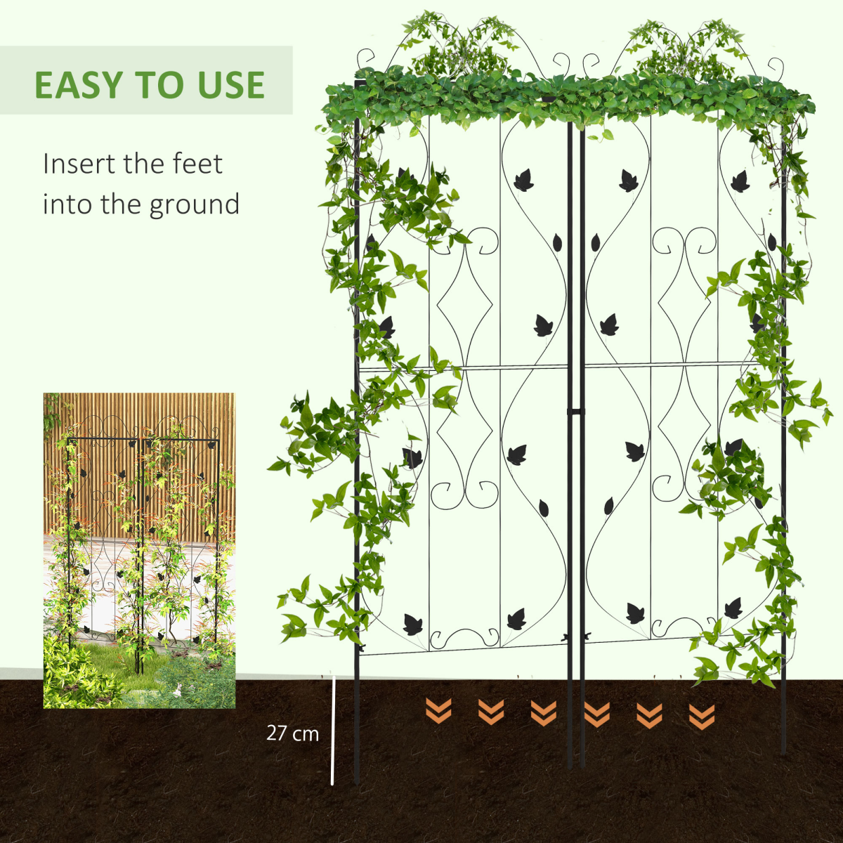 Outsunny Set of 2 Metal Garden Trellises for Climbing Plants – Leaf Design, Powder Coated Steel, Black