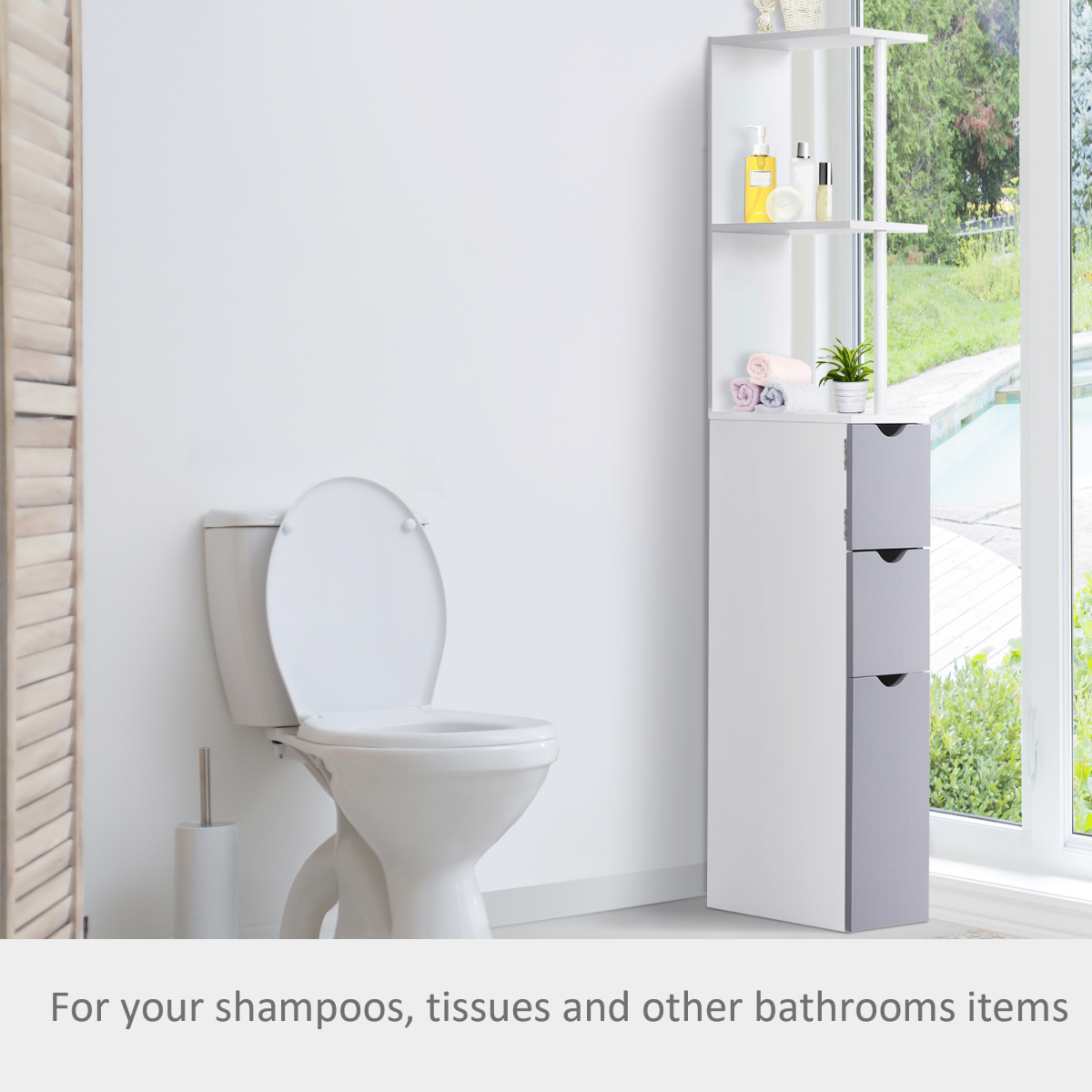 HOMCOM Slim Bathroom Storage Cabinet with 2 Open Shelves and 3 Drawers – Tall Freestanding Unit, White