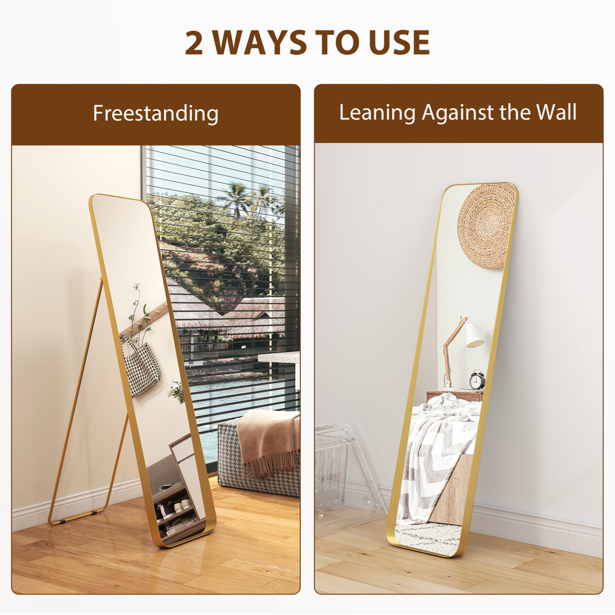 Full Length Mirror 160 x 40cm with Curved Corners – Gold Tone Metal Frame, Leaning or Wall Standing