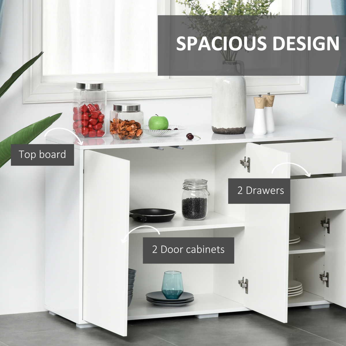 HOMCOM Gloss & Matte Side Cabinet with 2 Doors & 2 Drawers – White Home Office Storage