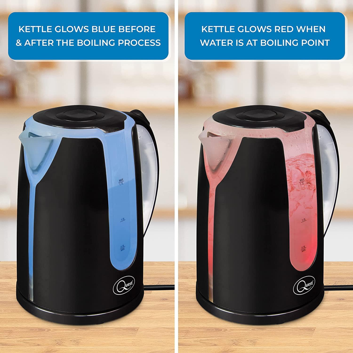 Quest Dual LED Illuminated Kettle, 1.7L 2200W with 360° Swivel Base & Boil Dry Protection – Black