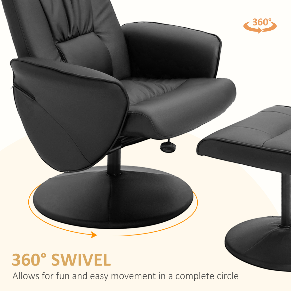 Reclining 360° Swivel Armchair & Ottoman Set in Black PU Leather – Relaxation Chair with Footstool