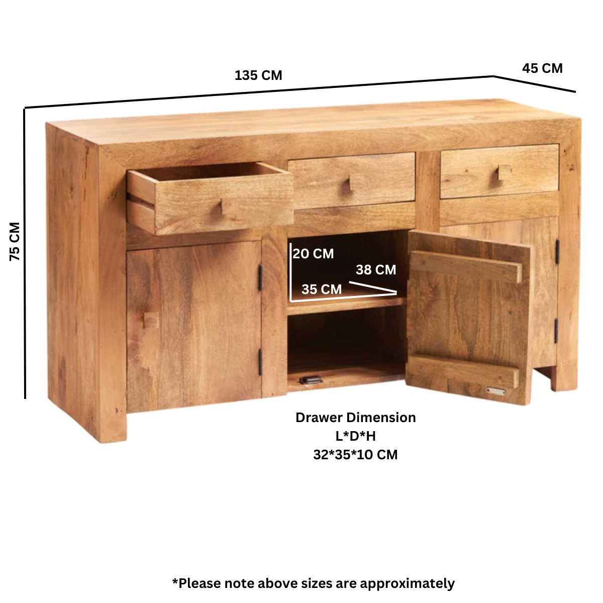 Toko Light Mango Wood Large Sideboard with Cupboard & Drawer Storage – Contemporary Dining Room Furniture