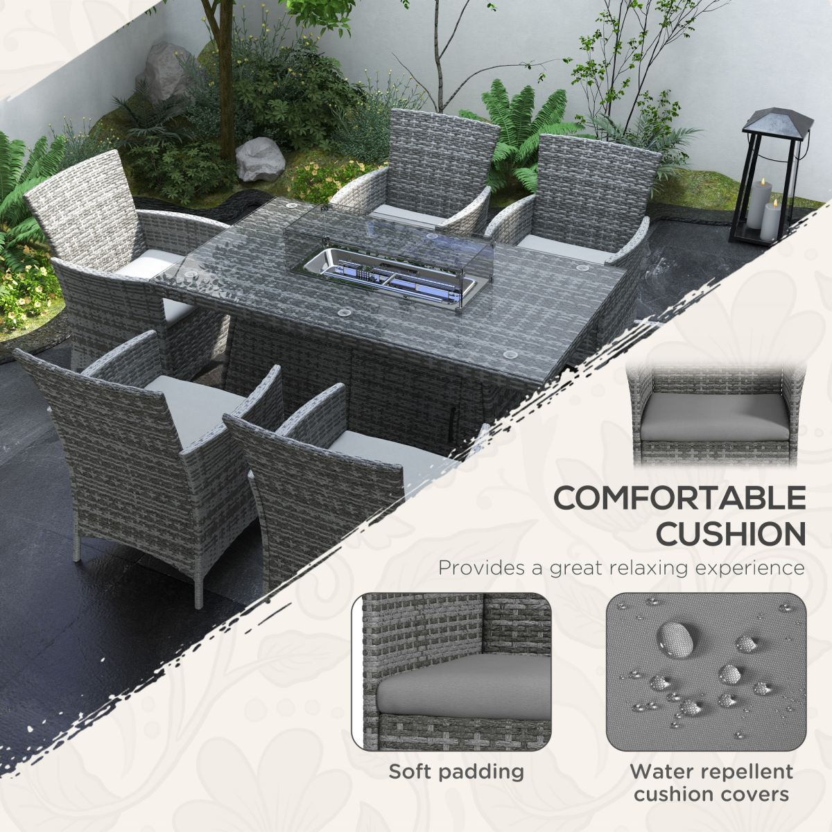 Outsunny 7-Piece Rattan Dining Set with Fire Pit Table & 6 Cushioned Armchairs – Garden Patio Furniture, Grey