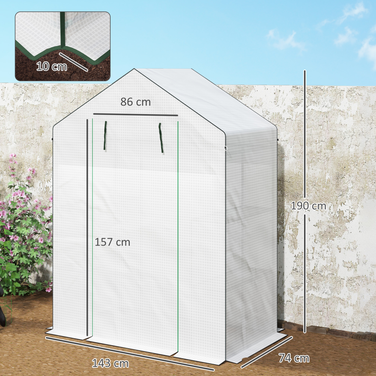 Outsunny Walk-in Greenhouse with 4 Shelves, UV-Resistant Cover & Roll-Up Zipped Door – Small Garden Greenhouse, White