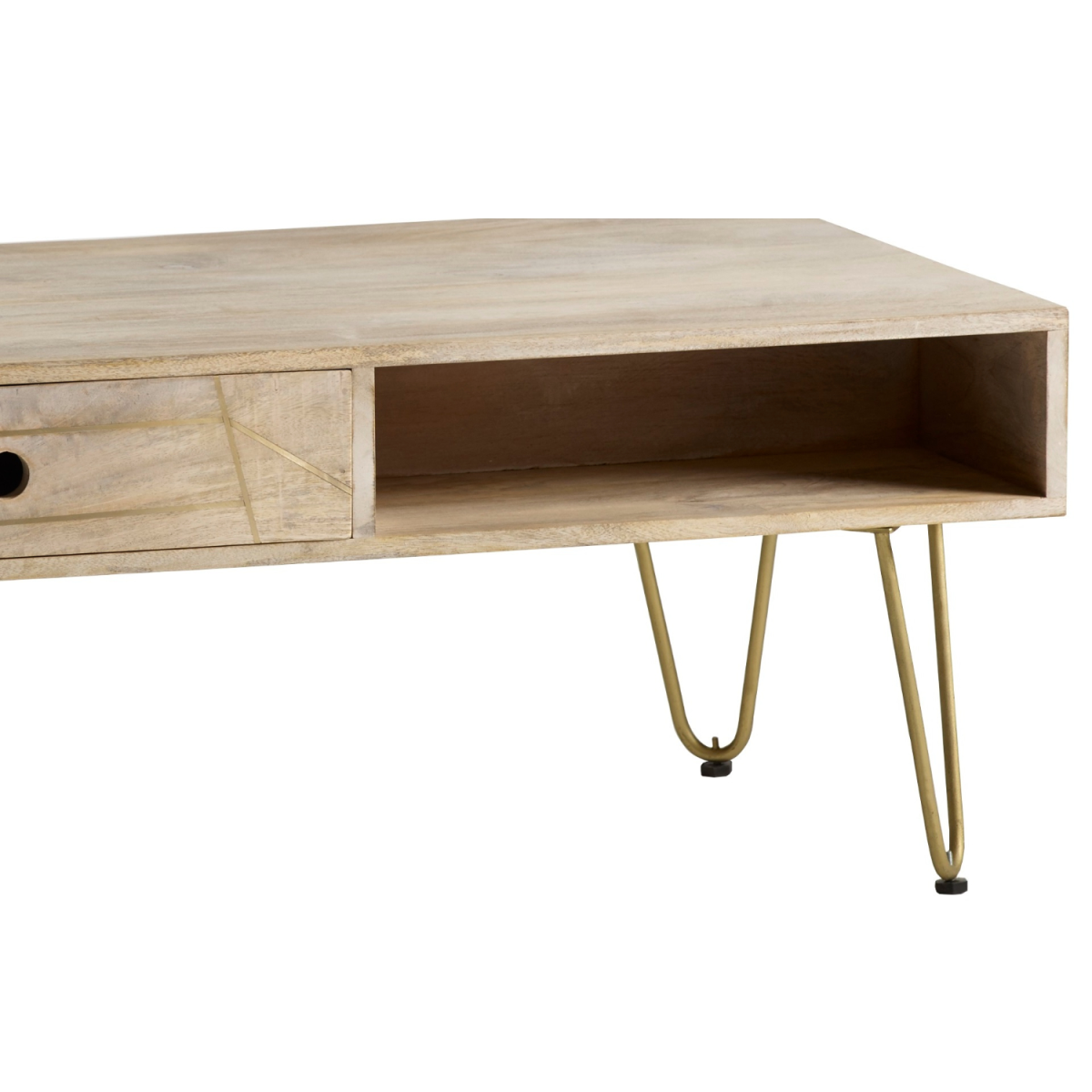 Rectangular Coffee Table with Drawer & Light Gold Metal Inlay – Solid Wood Living Room Table
